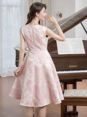 画像18: [送料無料][GINZA COUTURE]ブルー・ピンク×シルバー・ホワイト・ピンク×ゴールド・フラワープリント・金糸・Aライン・ミディアムドレス・ワンピース[即日発送][大きいサイズあり]