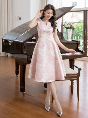 画像19: [送料無料][GINZA COUTURE]ブルー・ピンク×シルバー・ホワイト・ピンク×ゴールド・フラワープリント・金糸・Aライン・ミディアムドレス・ワンピース[即日発送][大きいサイズあり]