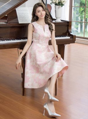 画像20: [送料無料][GINZA COUTURE]ブルー・ピンク×シルバー・ホワイト・ピンク×ゴールド・フラワープリント・金糸・Aライン・ミディアムドレス・ワンピース[即日発送][大きいサイズあり]