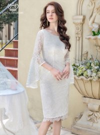 [送料無料][GINZA COUTURE]ホワイト・ピンク・総レース・タイト・７分袖・フリルスリーブ・ミディアムドレス・ワンピース[即日発送][大きいサイズあり]