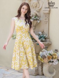 [送料無料][GINZA COUTURE]イエロー×ホワイト・ネイビー×ホワイト・フラワープリント・Aライン・ノースリーブ・ミディアムドレス・ワンピース[即日発送][大きいサイズあり]