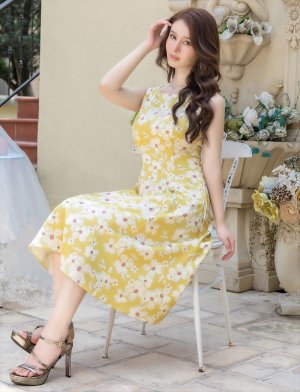 画像6: [送料無料][GINZA COUTURE]イエロー×ホワイト・ネイビー×ホワイト・フラワープリント・Aライン・ノースリーブ・ミディアムドレス・ワンピース[即日発送][大きいサイズあり]