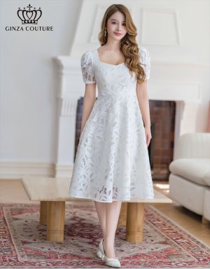 画像1: [送料無料][GINZA COUTURE]ホワイト・花柄・ケミカルレース・スクエアネック・半袖・Ａライン・ミディアムドレス・ワンピース[即日発送][大きいサイズあり]