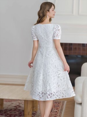 画像3: [送料無料][GINZA COUTURE]ホワイト・花柄・ケミカルレース・スクエアネック・半袖・Ａライン・ミディアムドレス・ワンピース[即日発送][大きいサイズあり]