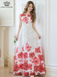 [送料無料][GINZA COUTURE]ホワイト×レッド・ホワイト×ブルー・ホワイト×ブラック・ホワイト×ブラウン・ホワイト×グリーン・ホワイト×パープル・フラワープリント・Aライン・ロングドレス[即日発送][大きいサイズあり]