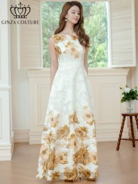 [送料無料][GINZA COUTURE]ホワイト×ブラウン・ホワイト×パープル・ホワイト×グリーン・ホワイト×ブラック・ホワイト×レッド・ホワイト×ブルー・フラワープリント・Aライン・ロングドレス[即日発送][大きいサイズあり]