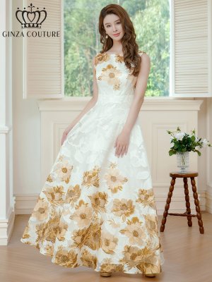 画像2: [送料無料][GINZA COUTURE]ホワイト×ブラウン・ホワイト×パープル・ホワイト×グリーン・ホワイト×ブラック・ホワイト×レッド・ホワイト×ブルー・フラワープリント・Aライン・ロングドレス[即日発送][大きいサイズあり]