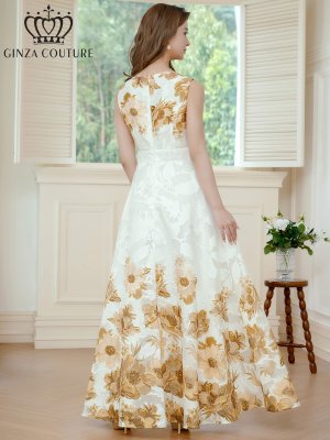 画像3: [送料無料][GINZA COUTURE]ホワイト×ブラウン・ホワイト×パープル・ホワイト×グリーン・ホワイト×ブラック・ホワイト×レッド・ホワイト×ブルー・フラワープリント・Aライン・ロングドレス[即日発送][大きいサイズあり]