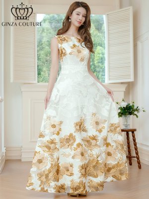 画像5: [送料無料][GINZA COUTURE]ホワイト×ブラウン・ホワイト×パープル・ホワイト×グリーン・ホワイト×ブラック・ホワイト×レッド・ホワイト×ブルー・フラワープリント・Aライン・ロングドレス[即日発送][大きいサイズあり]