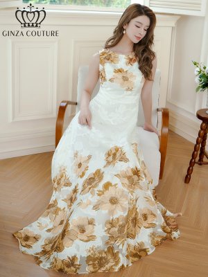 画像6: [送料無料][GINZA COUTURE]ホワイト×ブラウン・ホワイト×パープル・ホワイト×グリーン・ホワイト×ブラック・ホワイト×レッド・ホワイト×ブルー・フラワープリント・Aライン・ロングドレス[即日発送][大きいサイズあり]