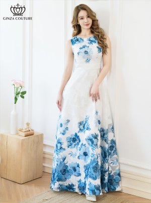 画像1: [送料無料][GINZA COUTURE]ホワイト×ブルー・ホワイト×ブラック・ホワイト×レッド・ホワイト×ブラウン・ホワイト×グリーン・ホワイト×パープル・フラワープリント・Aライン・ロングドレス[即日発送][大きいサイズあり]