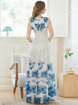 画像3: [送料無料][GINZA COUTURE]ホワイト×ブルー・ホワイト×ブラック・ホワイト×レッド・ホワイト×ブラウン・ホワイト×グリーン・ホワイト×パープル・フラワープリント・Aライン・ロングドレス[即日発送][大きいサイズあり]