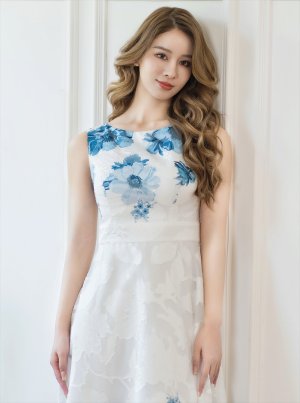 画像4: [送料無料][GINZA COUTURE]ホワイト×ブルー・ホワイト×ブラック・ホワイト×レッド・ホワイト×ブラウン・ホワイト×グリーン・ホワイト×パープル・フラワープリント・Aライン・ロングドレス[即日発送][大きいサイズあり]