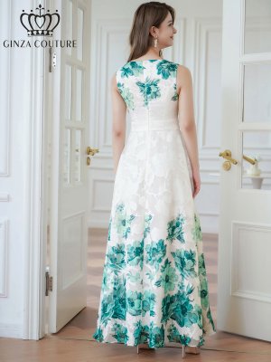 画像3: [送料無料][GINZA COUTURE]ホワイト×グリーン・ホワイト×ブラック・ホワイト×レッド・ホワイト×ブルー・ホワイト×ブラウン・ホワイト×パープル・フラワープリント・Aライン・ロングドレス[即日発送][大きいサイズあり]