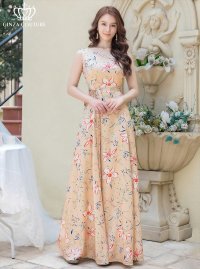 [送料無料][GINZA COUTURE]ベージュ・グレー・フラワープリント・Aライン・ノースリーブ・ウエストリボン・ロングドレス[即日発送][大きいサイズあり]