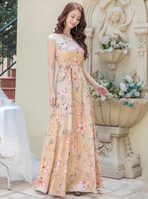 画像3: [送料無料][GINZA COUTURE]ベージュ・グレー・フラワープリント・Aライン・ノースリーブ・ウエストリボン・ロングドレス[即日発送][大きいサイズあり]