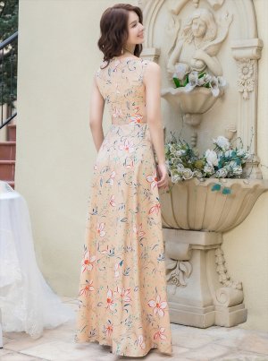画像4: [送料無料][GINZA COUTURE]ベージュ・グレー・フラワープリント・Aライン・ノースリーブ・ウエストリボン・ロングドレス[即日発送][大きいサイズあり]
