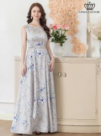 [送料無料][GINZA COUTURE]グレー・ベージュ・フラワープリント・Aライン・ノースリーブ・ウエストリボン・ロングドレス[即日発送][大きいサイズあり]