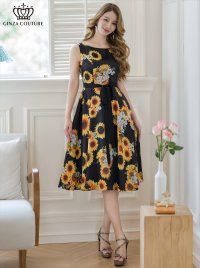 [送料無料][GINZA COUTURE]ブラック×イエロー・プリント・花柄・ひまわり・ノースリーブ・Aライン・ミディアムドレス・ワンピース[即日発送][大きいサイズあり]