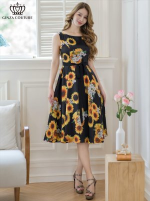 画像1: [送料無料][GINZA COUTURE]ブラック×イエロー・プリント・花柄・ひまわり・ノースリーブ・Aライン・ミディアムドレス・ワンピース[即日発送][大きいサイズあり]