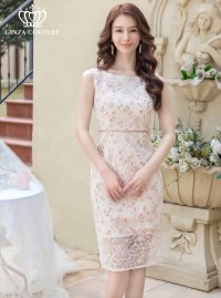 [送料無料][GINZA COUTURE]ベージュ・ブルー・総レース・タイト・ノースリーブ・ミディアムドレス・ワンピース[即日発送][大きいサイズあり]