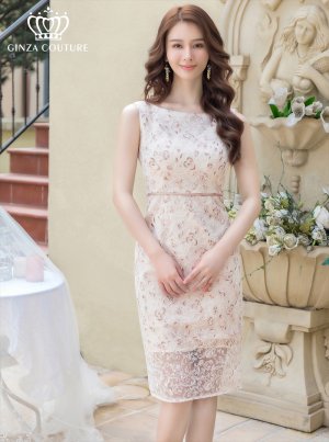 画像1: [送料無料][GINZA COUTURE]ベージュ・ブルー・総レース・タイト・ノースリーブ・ミディアムドレス・ワンピース[即日発送][大きいサイズあり]