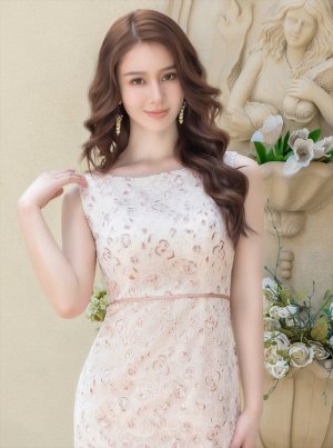 画像10: [送料無料][GINZA COUTURE]ブルー・ベージュ・総レース・タイト・ノースリーブ・ミディアムドレス・ワンピース[即日発送][大きいサイズあり]