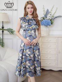 [送料無料][GINZA COUTURE]ベージュ×グレー・サテン・プリント・花柄・リボン・ノースリーブ・Aライン・ミディアムドレス・ワンピース[即日発送][大きいサイズあり]
