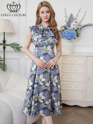画像1: [送料無料][GINZA COUTURE]ベージュ×グレー・サテン・プリント・花柄・リボン・ノースリーブ・Aライン・ミディアムドレス・ワンピース[即日発送][大きいサイズあり]