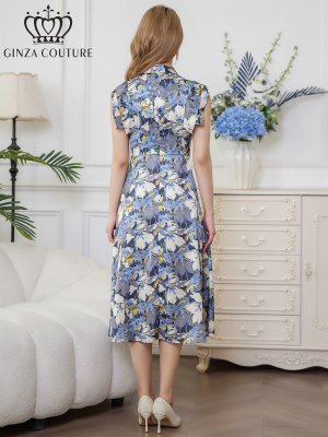 画像3: [送料無料][GINZA COUTURE]ベージュ×グレー・サテン・プリント・花柄・リボン・ノースリーブ・Aライン・ミディアムドレス・ワンピース[即日発送][大きいサイズあり]