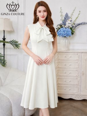 画像1: [送料無料][GINZA COUTURE]アイボリー・ホワイト×ピンク・ホワイト×イエロー・ロイヤルブルー・ベージュ×グレー・サテン・プリント・花柄・リボン・ノースリーブ・Aライン・ミディアムドレス・ワンピース[即日発送][大きいサイズあり]