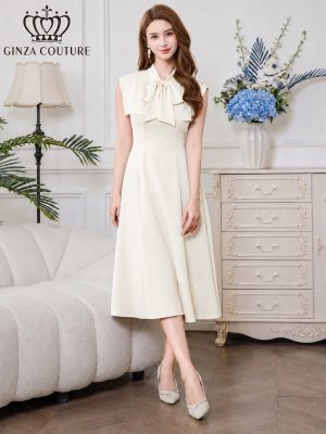 画像5: [送料無料][GINZA COUTURE]アイボリー・ホワイト×ピンク・ホワイト×イエロー・ロイヤルブルー・ベージュ×グレー・サテン・プリント・花柄・リボン・ノースリーブ・Aライン・ミディアムドレス・ワンピース[即日発送][大きいサイズあり]