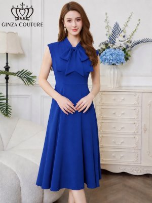 画像13: [送料無料][GINZA COUTURE]ホワイト×イエロー・ホワイト×ピンク・ロイヤルブルー・ベージュ×グレー・サテン・プリント・花柄・リボン・ノースリーブ・Aライン・ミディアムドレス・ワンピース[即日発送][大きいサイズあり]