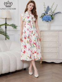 [送料無料][GINZA COUTURE]ホワイト×ピンク・ホワイト×イエロー・ロイヤルブルー・ベージュ×グレー・サテン・プリント・花柄・リボン・ノースリーブ・Aライン・ミディアムドレス・ワンピース[即日発送][大きいサイズあり]