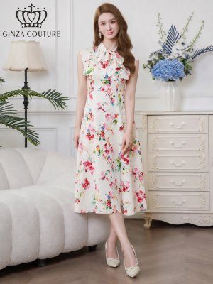 画像8: [送料無料][GINZA COUTURE]ホワイト×イエロー・ホワイト×ピンク・ロイヤルブルー・ベージュ×グレー・サテン・プリント・花柄・リボン・ノースリーブ・Aライン・ミディアムドレス・ワンピース[即日発送][大きいサイズあり]