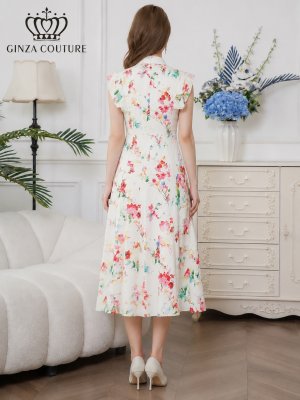 画像9: [送料無料][GINZA COUTURE]ホワイト×イエロー・ホワイト×ピンク・ロイヤルブルー・ベージュ×グレー・サテン・プリント・花柄・リボン・ノースリーブ・Aライン・ミディアムドレス・ワンピース[即日発送][大きいサイズあり]