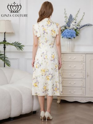 画像3: [送料無料][GINZA COUTURE]ホワイト×イエロー・ホワイト×ピンク・ロイヤルブルー・ベージュ×グレー・サテン・プリント・花柄・リボン・ノースリーブ・Aライン・ミディアムドレス・ワンピース[即日発送][大きいサイズあり]