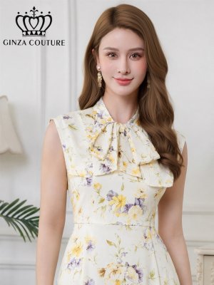 画像4: [送料無料][GINZA COUTURE]ホワイト×イエロー・ホワイト×ピンク・ロイヤルブルー・ベージュ×グレー・サテン・プリント・花柄・リボン・ノースリーブ・Aライン・ミディアムドレス・ワンピース[即日発送][大きいサイズあり]