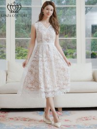 [送料無料][GINZA COUTURE]ホワイト・総レース・スパンコール・Vネック・ウエストマーク・Aライン・ミディアムドレス・ワンピース[即日発送][大きいサイズあり]