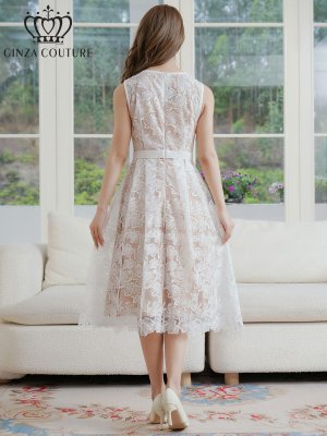 画像3: [送料無料][GINZA COUTURE]ホワイト・総レース・スパンコール・Vネック・ウエストマーク・Aライン・ミディアムドレス・ワンピース[即日発送][大きいサイズあり]