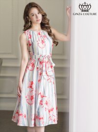 [送料無料][GINZA COUTURE]ピンク・フラワープリント・Aライン・ウエストリボン・ミディアムドレス・ワンピース[即日発送][大きいサイズあり]