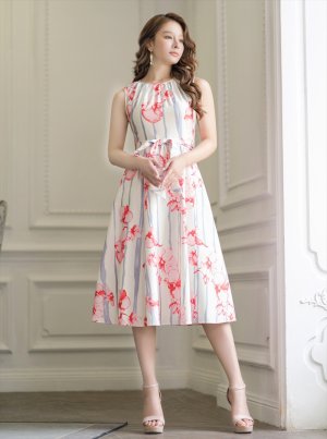 画像6: [送料無料][GINZA COUTURE]ピンク・フラワープリント・Aライン・ウエストリボン・ミディアムドレス・ワンピース[即日発送][大きいサイズあり]