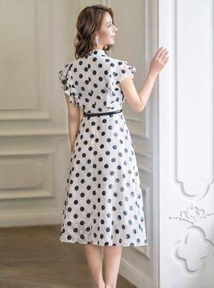 画像3: [送料無料][GINZA COUTURE]ホワイト×ブラック・ドット・プリント・フリルスリーブ・ベルト付き・Aライン・ミディアムドレス・ワンピース
