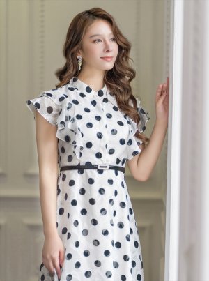 画像4: [送料無料][GINZA COUTURE]ホワイト×ブラック・ドット・プリント・フリルスリーブ・ベルト付き・Aライン・ミディアムドレス・ワンピース