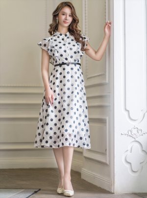 画像5: [送料無料][GINZA COUTURE]ホワイト×ブラック・ドット・プリント・フリルスリーブ・ベルト付き・Aライン・ミディアムドレス・ワンピース