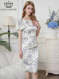[送料無料][GINZA COUTURE]ベージュ×グレー・クラシカルプリント・花柄・サテン・フレアスリーブ・半袖 ・パールビジュー付きベルト・大人・上品・タイト・ミディアムドレス・ワンピース[即日発送][大きいサイズあり]
