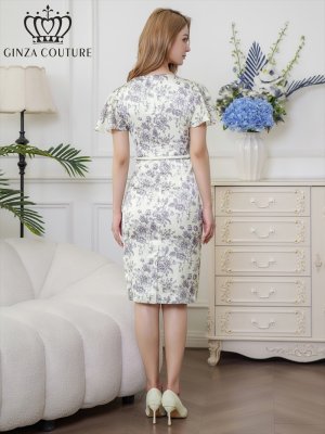 画像3: [送料無料][GINZA COUTURE]ベージュ×グレー・クラシカルプリント・花柄・サテン・フレアスリーブ・半袖 ・パールビジュー付きベルト・大人・上品・タイト・ミディアムドレス・ワンピース[即日発送][大きいサイズあり]