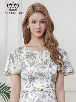 画像4: [送料無料][GINZA COUTURE]ベージュ×グレー・クラシカルプリント・花柄・サテン・フレアスリーブ・半袖 ・パールビジュー付きベルト・大人・上品・タイト・ミディアムドレス・ワンピース[即日発送][大きいサイズあり]