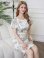 画像6: [送料無料][GINZA COUTURE]ベージュ×グレー・クラシカルプリント・花柄・サテン・フレアスリーブ・半袖 ・パールビジュー付きベルト・大人・上品・タイト・ミディアムドレス・ワンピース[即日発送][大きいサイズあり]
