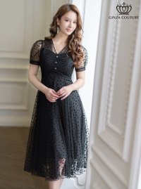 [送料無料][GINZA COUTURE]ブラック・半袖・ハート・ドット・Aライン・ミディアムドレス・ワンピース[即日発送][大きいサイズあり]